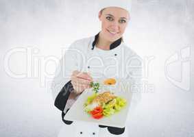 Composite image of Chef with plate of food against white background