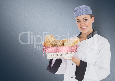 Composite image of Chef with bread against navy background