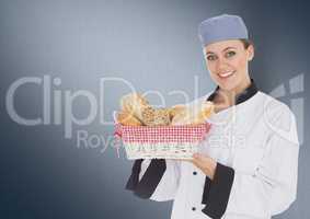 Composite image of Chef with bread against navy background