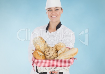 Composite image of Chef with bread against blue background