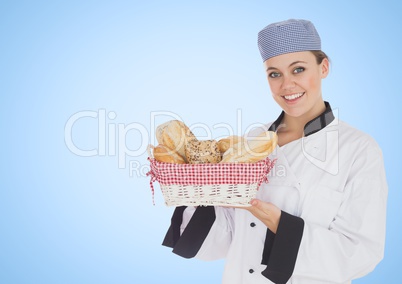 Chef with bread against blue background