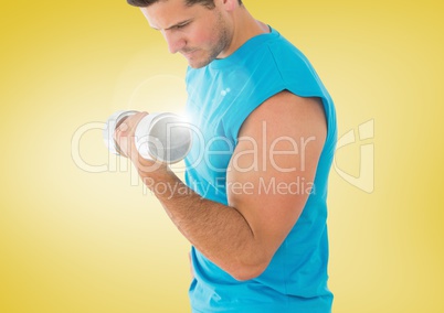 Man weightlifting with flare and yellow background