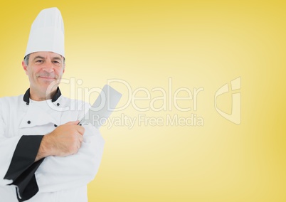 Composite image of Chef with knife against yellow background