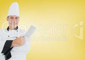 Composite image of Chef with knife against yellow background