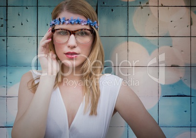 Hippie woman against tiles with bokeh