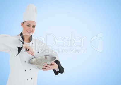 Chef with bowl against blue background