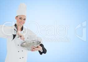 Chef with bowl against blue background