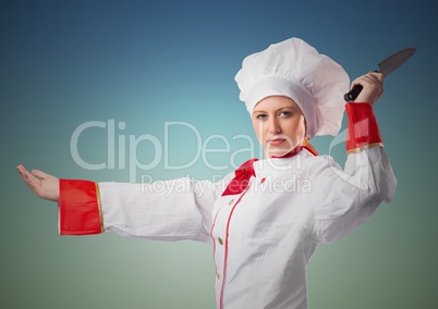 Composite image of Chef with knife against blue green background