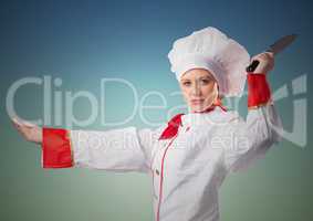 Composite image of Chef with knife against blue green background