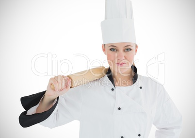 Chef with rolling pin against white background