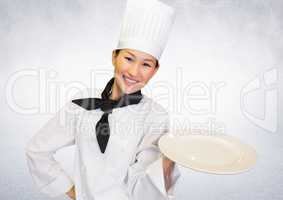 Chef with plate against white background
