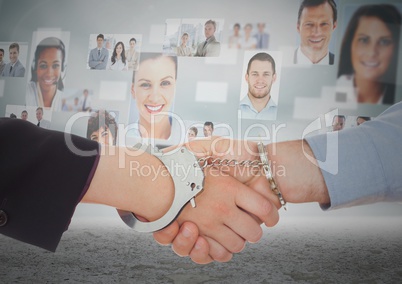 Composite image of Handshake with handcuffs in front of sky with business people