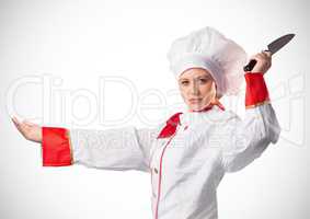Chef with knife against white background