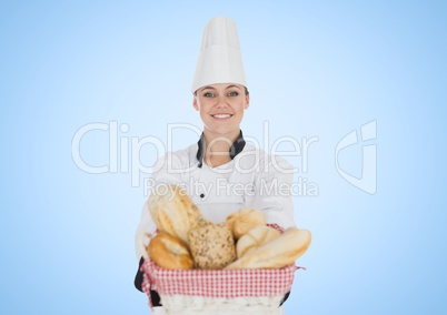 Chef with bread against blue background