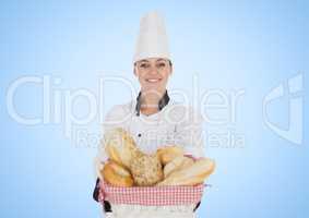 Chef with bread against blue background