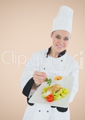 Composite image of Chef with plate of food against cream background