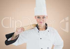 Composite image of Chef with rolling pin against cream background