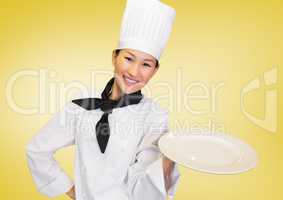 Chef with plate against yellow background
