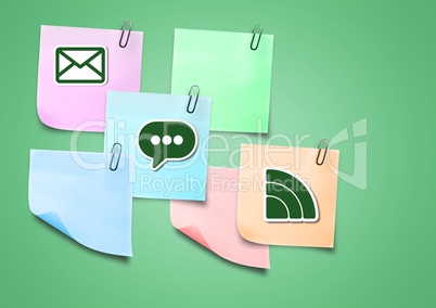 Sticky Note with Chat, Email, and Wifi icon against green background