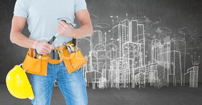 Carpenter with hammer against skyline sketch