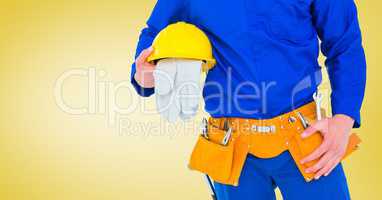 Composite image of Carpenter with gloves against yellow background