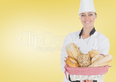 Chef with bread against yellow background