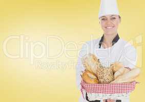 Chef with bread against yellow background