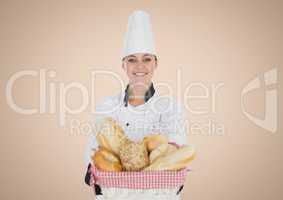 Chef with bread against cream background