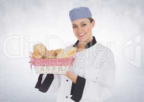 Chef with bread against white background