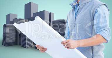 Architect Torso holding plan against building icons