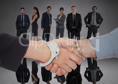 Handshake with handcuffs in front of business people in grey room