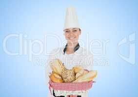 Woman chef  with bread against blue background