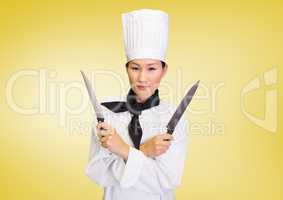 Chef with knives against yellow background