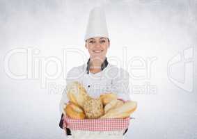 Composite image of Chef with bread against white background