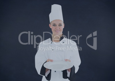 Composite image of Chef with plate against navy background