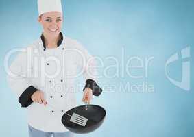 Composite image of Chef with pan against blue background