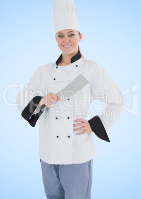 Composite image of chef with knife against blue background