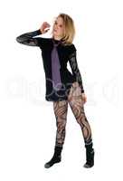 Punk girl standing in bodysuit.