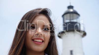 Tourist Teen Girl At Lighthouse