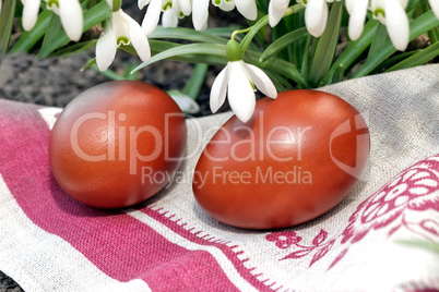 Two Easter eggs and snowdrops.