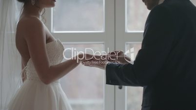 Groom putting ring on bride's finger