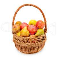 ripe apples and pears in the basket isolated on white background