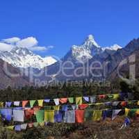 Snow capped mountains Lhotse and Ama Dablam.