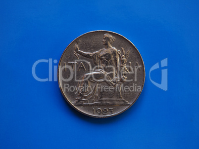 1 lira coin, Kingdom of Italy over blue