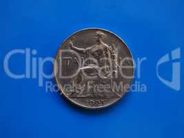 1 lira coin, Kingdom of Italy over blue