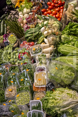 Famous market (La Boqueria) detail with vegetables and fruits in