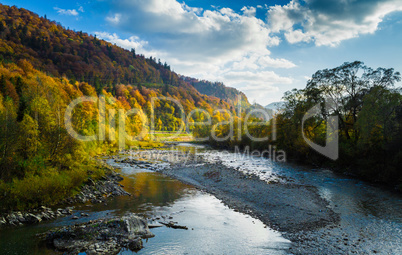 Autumn forest and sky and mountains and river