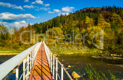 Autumn forest and sky and mountains and bridge over river
