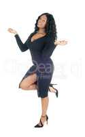 Pretty woman dancing in black dress.