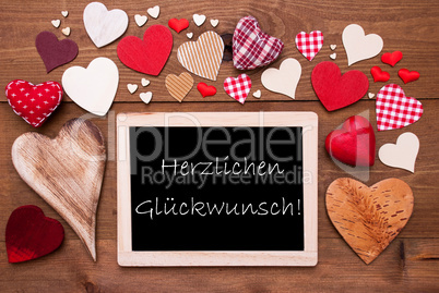 One Chalkbord, Many Red Hearts, Glueckwunsch Means Congratulatio